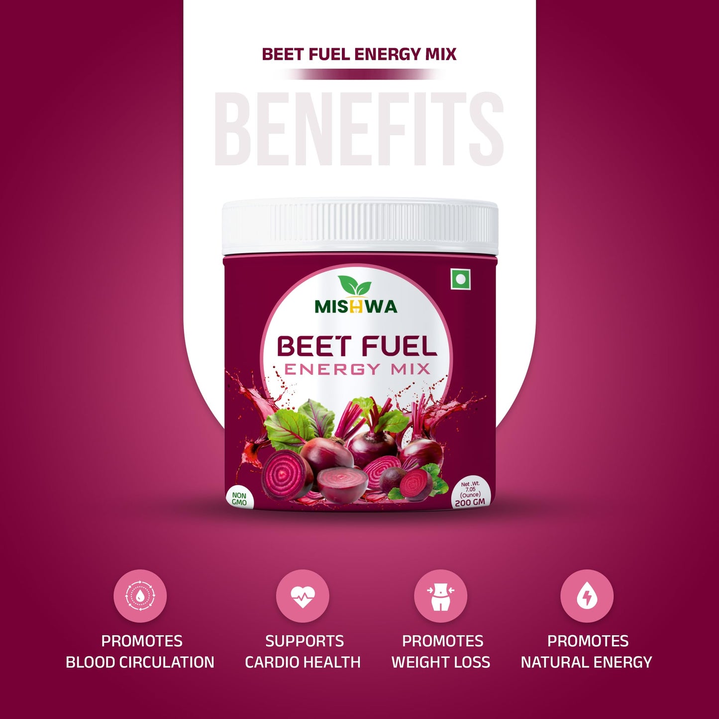 MISHWA Beet Fuel Energy Mix Freeze-Dried Beetroot Powder, 7.06 oz