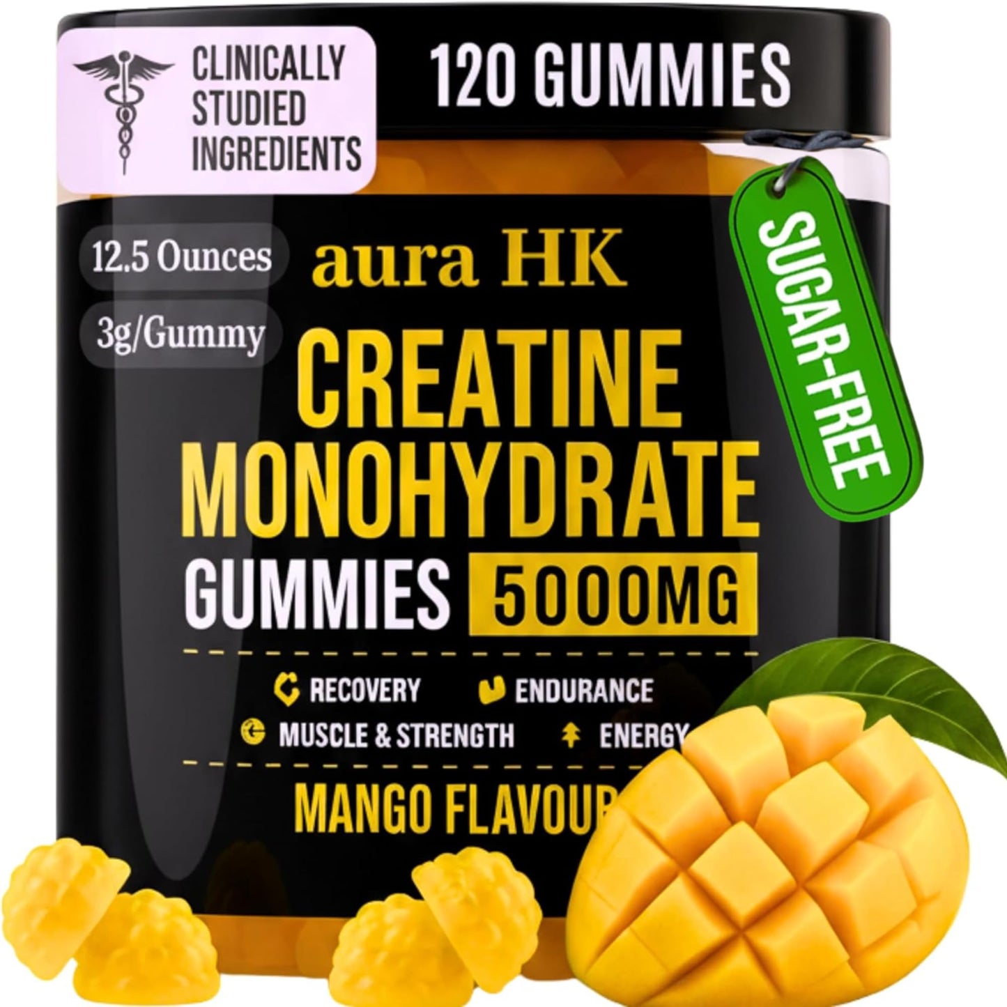 aura HK Sugar Free Creatine Monohydrate Gummies 5000mg Per Serving, Mango Flavor, with Turmeric Root & Black Pepper, Vegan Creatine Gummies for Men & Women, 120 Gummies