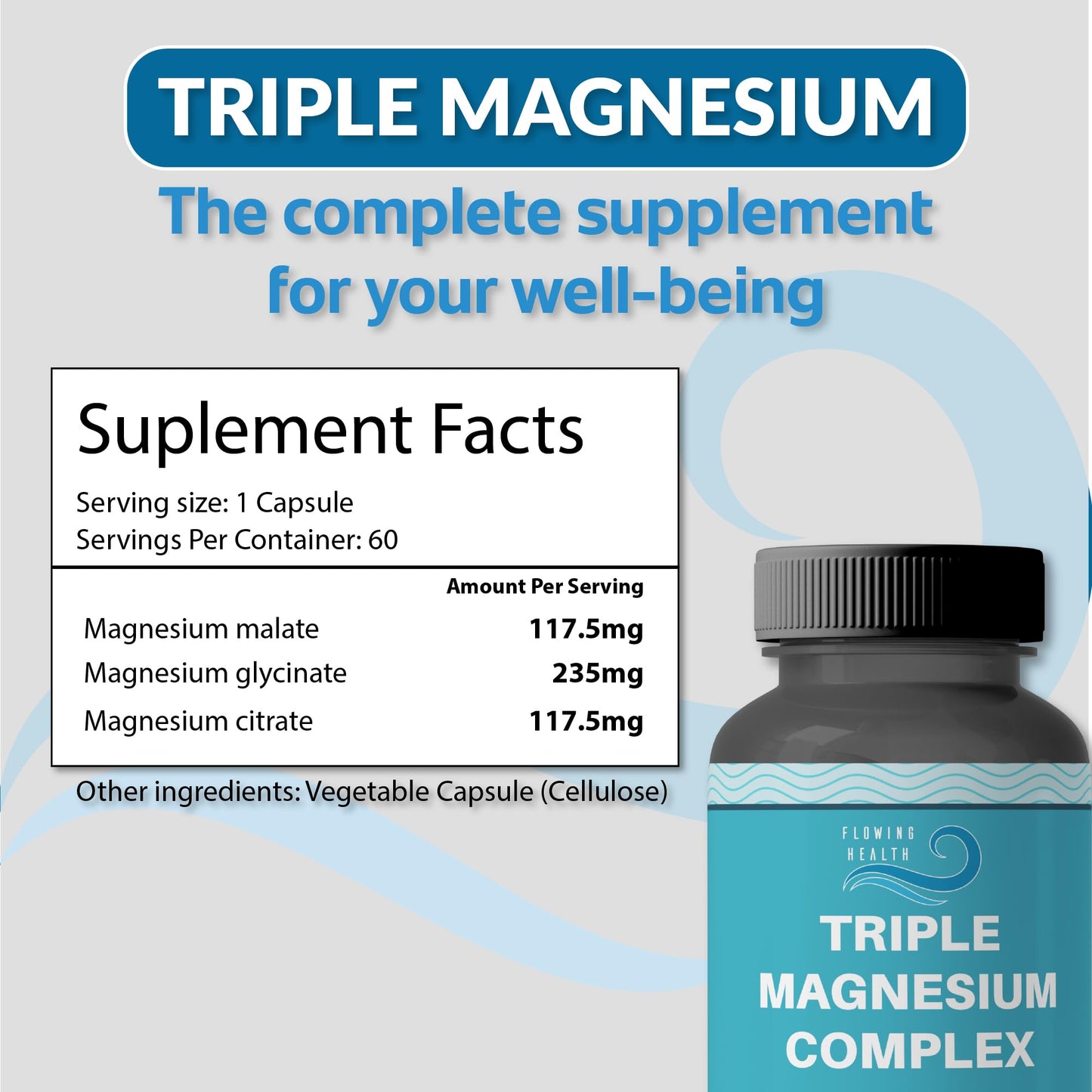 Flowing Health Triple Magnesium Complex 470 mg Elemental Magnesium (Glycinate + Malate + Citrate), Capsule, 60 Count