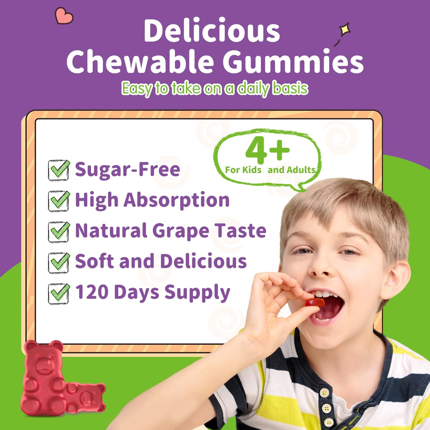 ReviNutra Magnesium Glycinate Gummies with L-Theanine, Vitamin B6, D3 for Sleep & Relaxation, Sugar Free Grape, 120 Gummies