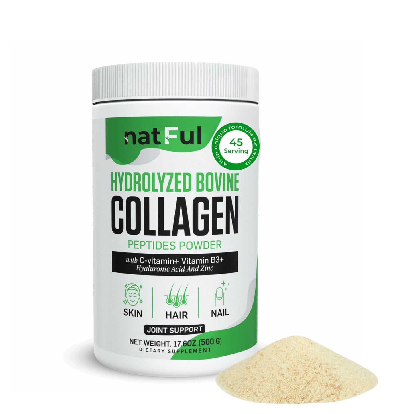NATFUL Collagen Peptides Powder – Hydrolyzed Bovine Collagen with Vitamin C, Hyaluronic Acid, Zinc & B3 – Type 1 & 3 Unflavored Protein Powder for Women & Men Hair, Skin, Nails, Joints, 17.6 oz