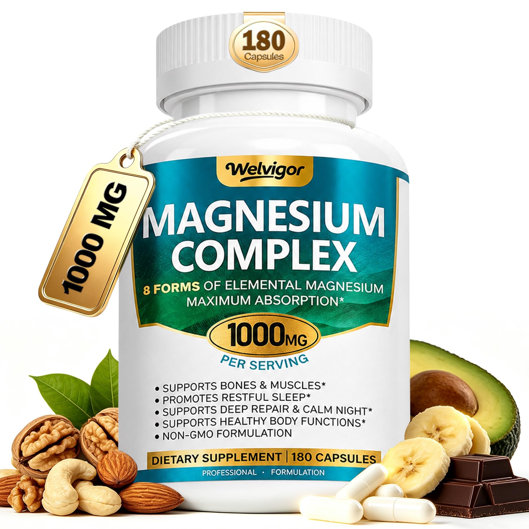 Welvigor 1000mg Magnesium Complex for Women: 8 in 1, Night Calm Capsules 180 Count