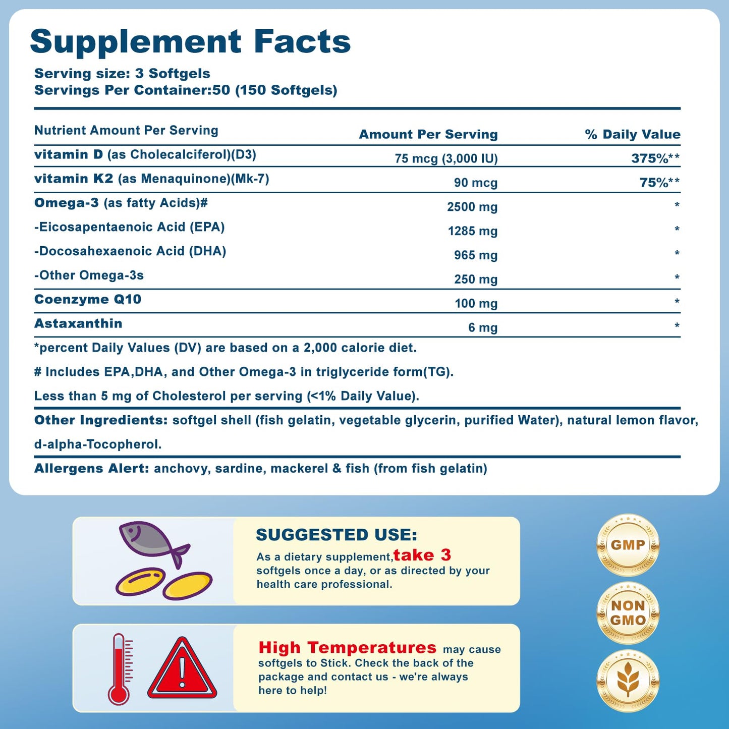 JME Omega-3 Fish Oil Softgels 2500mg EPA/DHA + Vitamin D3 K2, CoQ10 & Astaxanthin, Lemon Flavor, 300 Softgels