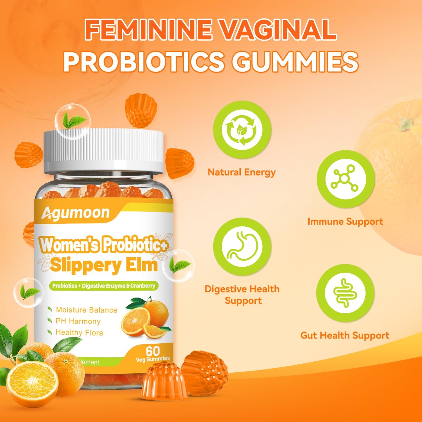 Agumoon Probiotic Gummies with Cranberry, Slippery Elm for Women, 60 Count