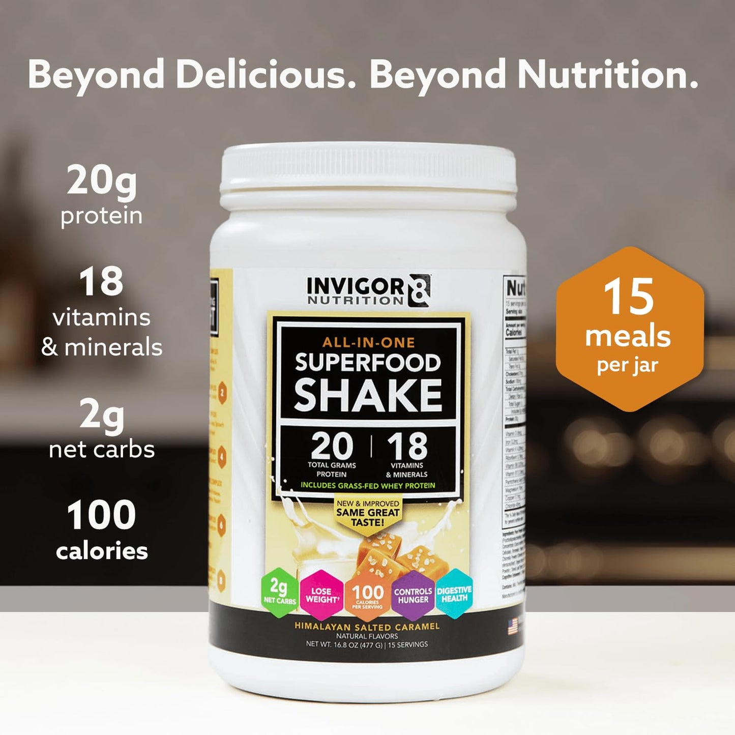 INVIGOR8 Superfood Grass-Fed Whey Protein Isolate Shake Himalayan Salted Caramel, Gluten-Free & Non-GMO Meal Replacement with Probiotics & Omega-3, Powder, 22.75 oz