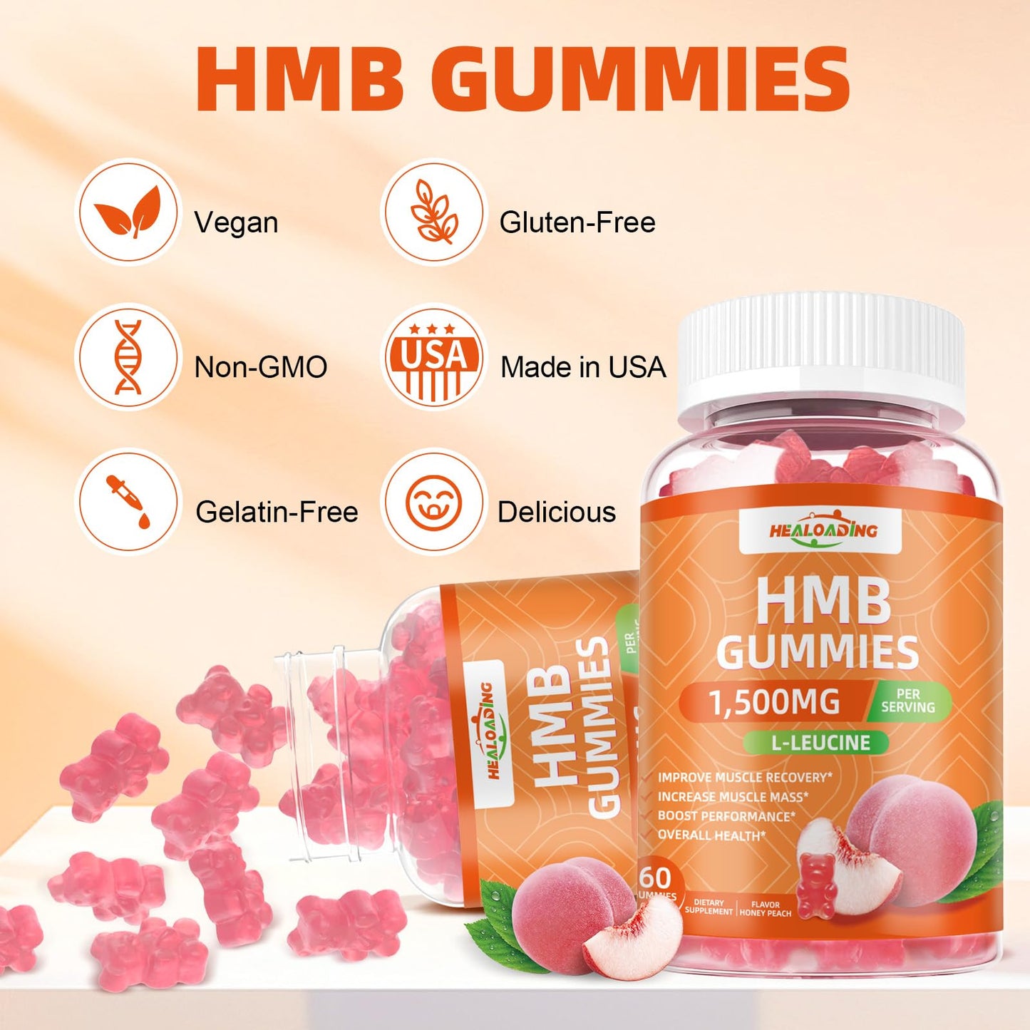 HEALOADING HMB and Leucine Gummies, 60 Gummies