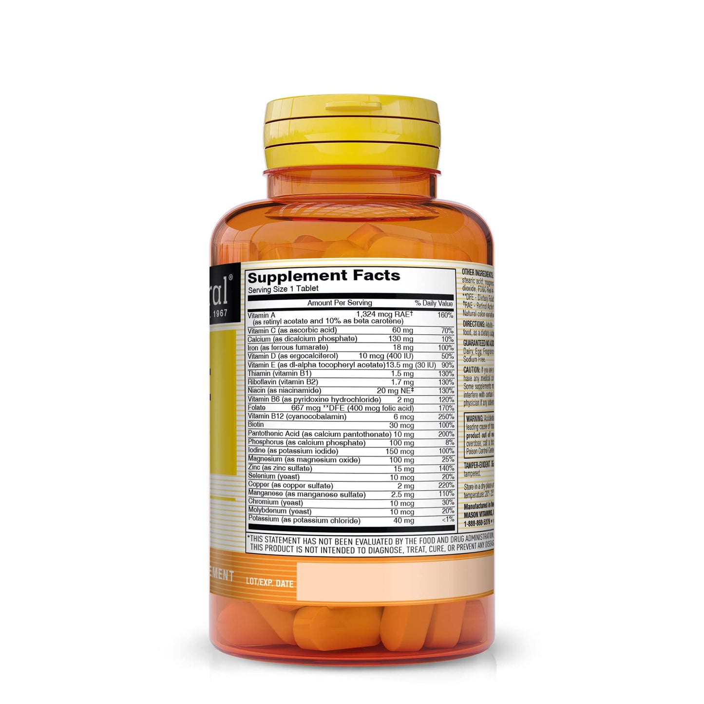MASON NATURAL Daily Multiple Vitamins with Minerals - 24 Essential Vitamins and Minerals, All in One Multivitamin, Supports Overall Health, 180 Tablets