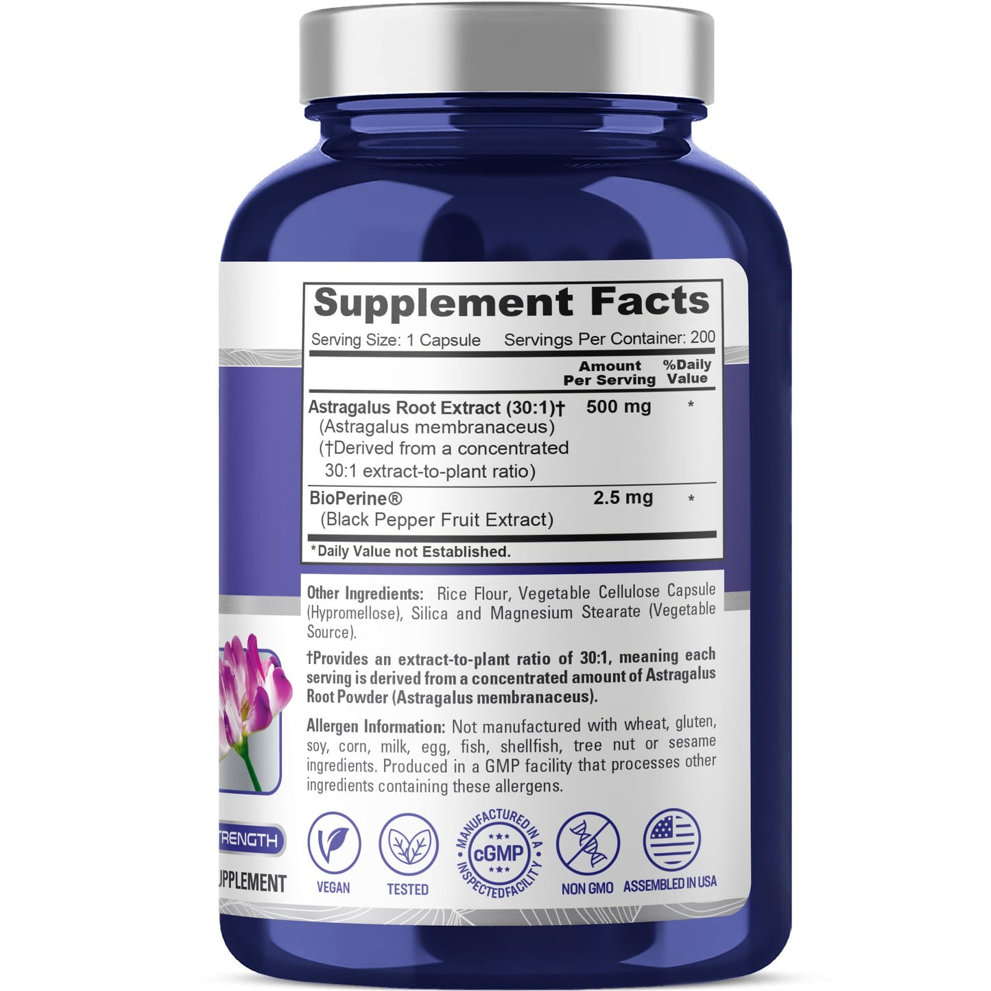 NusaPure Astragalus Root 500 mg Capsules, 200 Count
