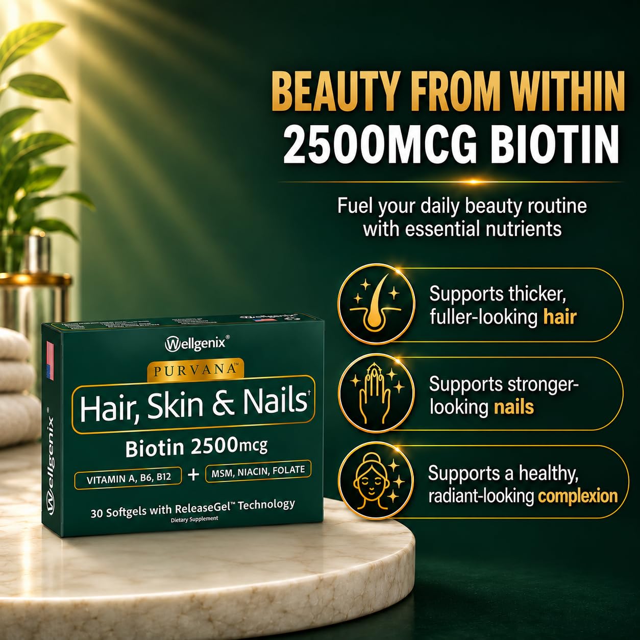 Wellgenix Purvana Hair Skin and Nails Supplement – 2500mcg Biotin Softgels with MSM & B-Complex – Daily Beauty Support for Stronger Nails & Hair Vitality, 60 Softgels