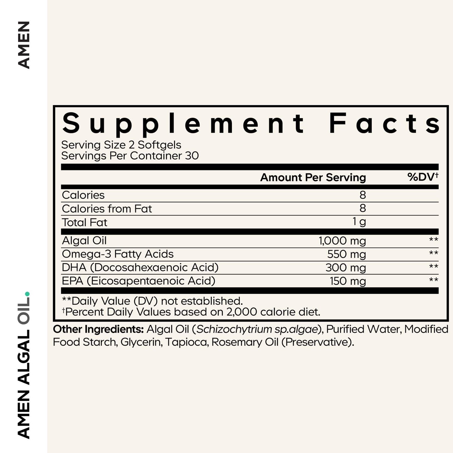 Amen Algal Oil Vegan Omega-3 Supplement 1000mg DHA & EPA Softgels, 60 Count