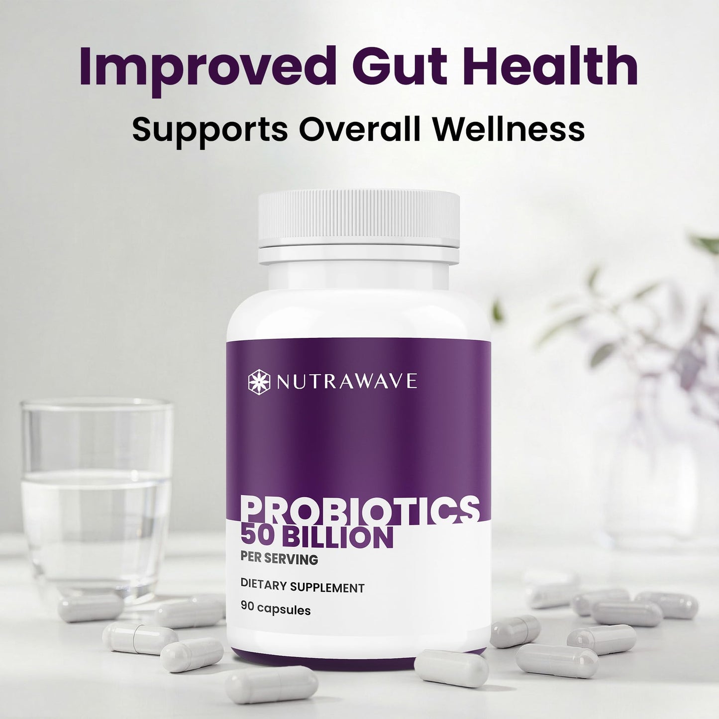 Nutra Wave 50 Billion Probiotics & Prebiotics for Women & Men – 15 Strains Active Culture – Supports Bloating, Constipation, Digestive & Gut Health – 60 Capsules