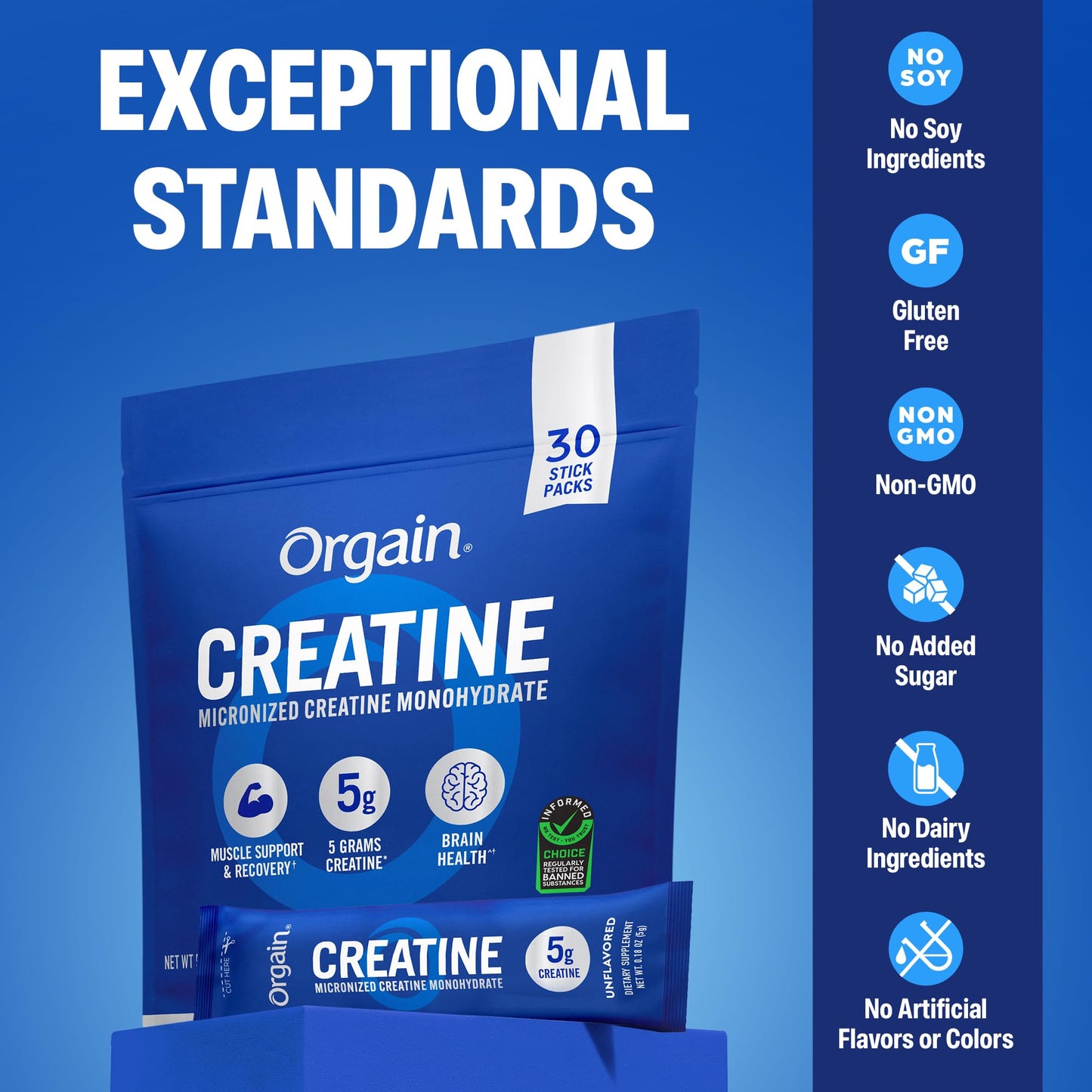Orgain Creatine Monohydrate Micronized Powder, 5g, Unflavored, 30 Sticks