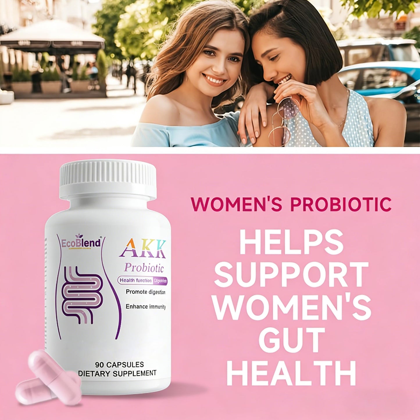 EcoBlend Probiotic 6 Selected Strains for Immune, Digestive & Gut Health, Men & Women, Vegan, Gluten-Free, Non-GMO, Organic Prebiotics, Cranberry Extract, AKK Formula Capsules, 90 Count
