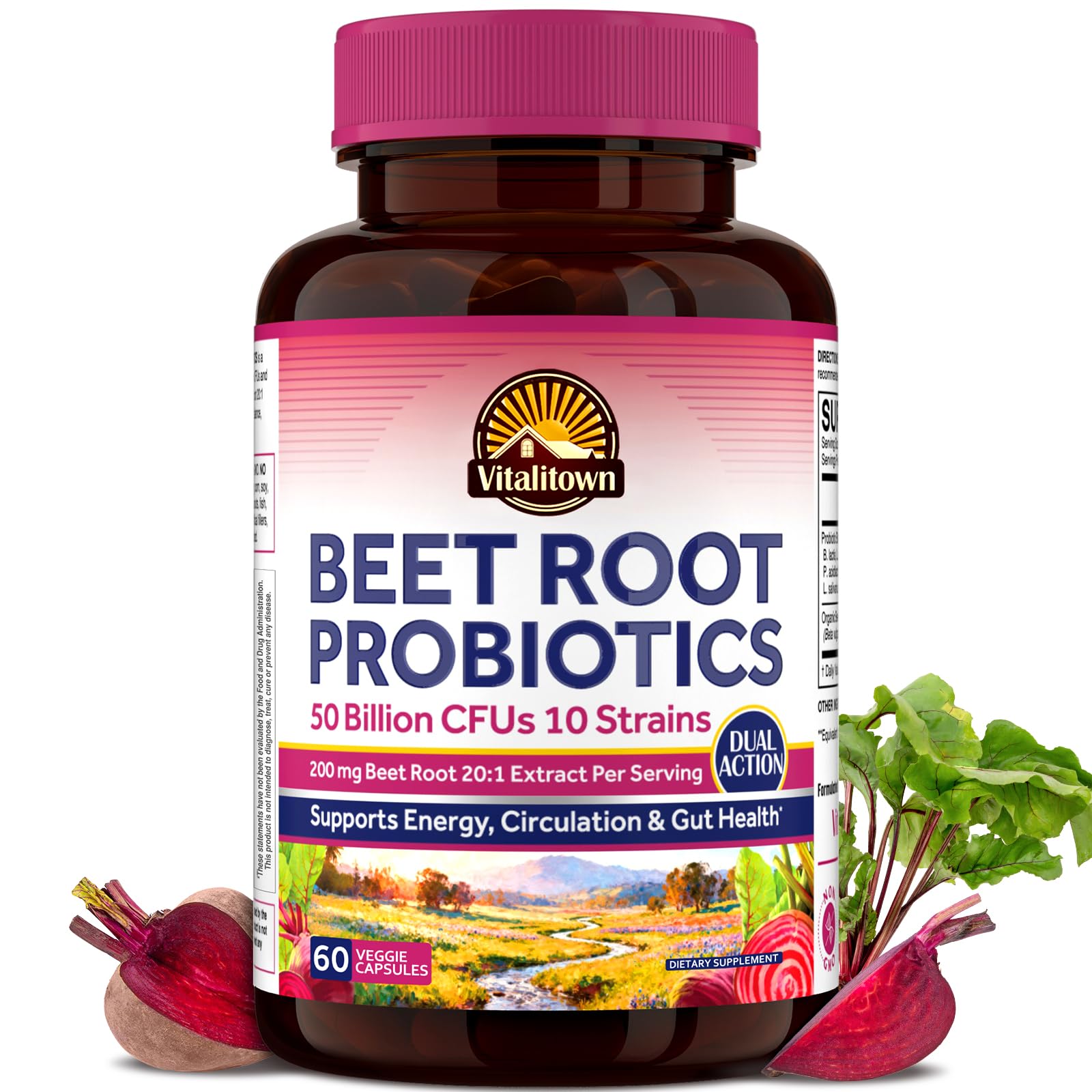 Vitalitown Organic Beet Root Capsules with Probiotics, 200 mg Organic Beet Root, 50 Billion CFU, 10 Strains, Energy, Heart Health, Circulation, Digestion, 60 Capsules