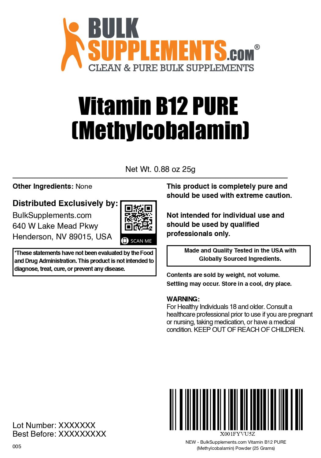 BulkSupplements Vitamin B12 Methylcobalamin Powder, 0.88 oz