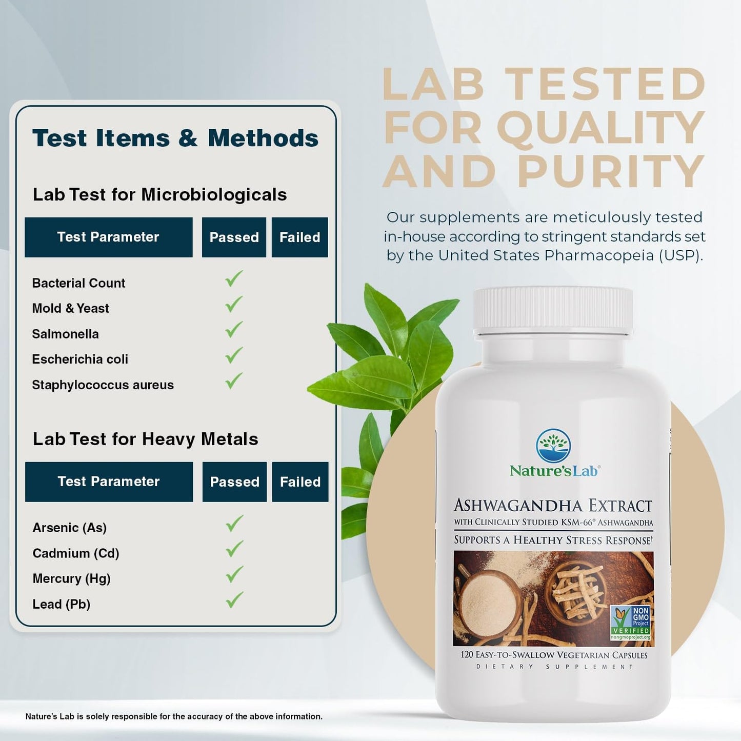 Nature's Lab Ashwagandha KSM 66 Extract - 5% Withanolides, Pure Organic Ashwagandha Root Powder Capsules, 120 Count
