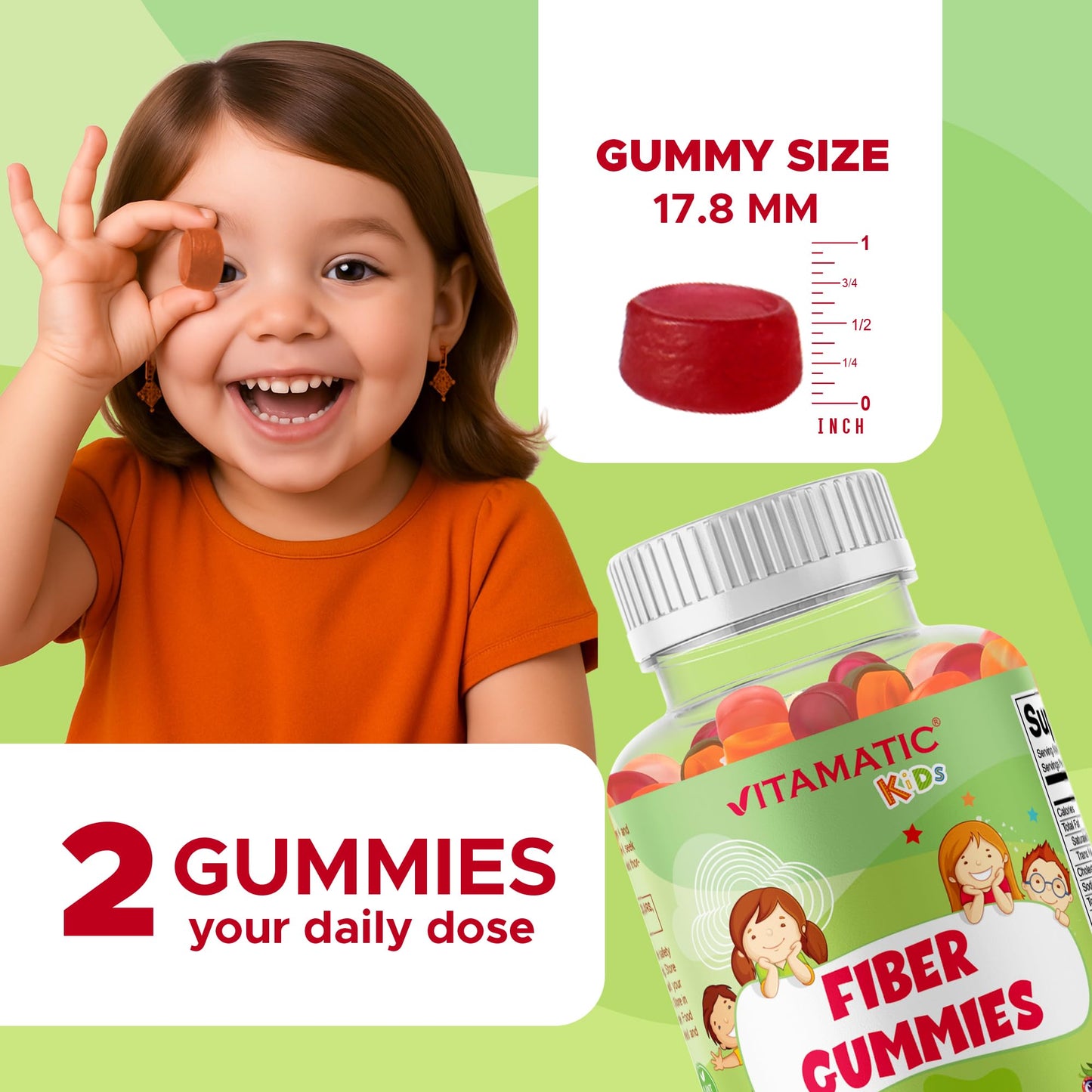 Vitamatic Kids Prebiotic Fiber Gummies Extra Strength 4g Fiber Zero Sugar Added Digestive Health & Regularity Support, 60 Count