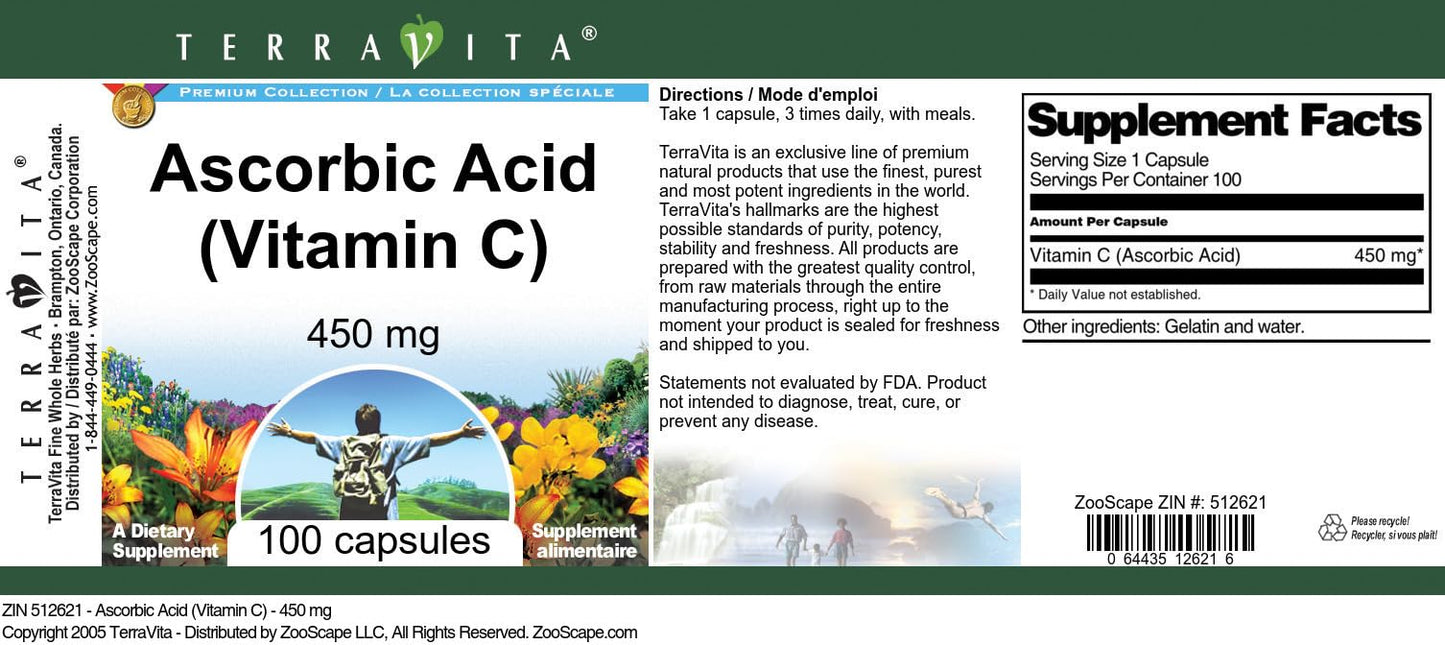 Terravita Ascorbic Acid (Vitamin C) 450 mg Capsule, 100 Capsules