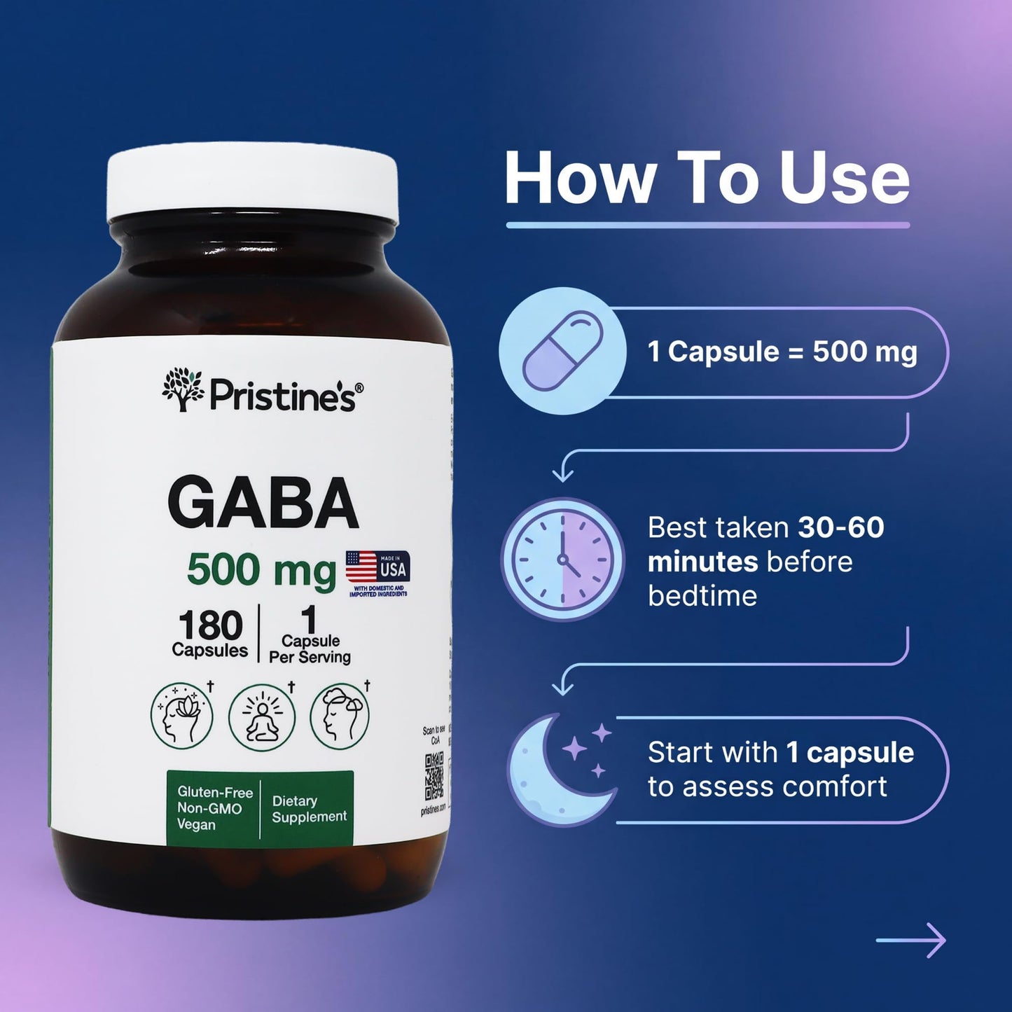 PRISTINE'S GABA 500mg Sleep Quality Support Supplement, 180 Capsules