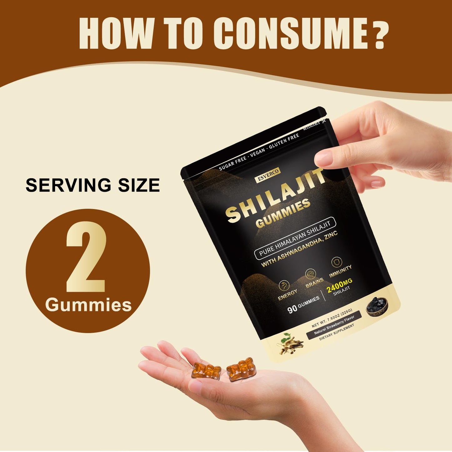 esverco Shilajit Gummies 2400mg Supplement for Adults Strawberry flavor Gummy 90 Count