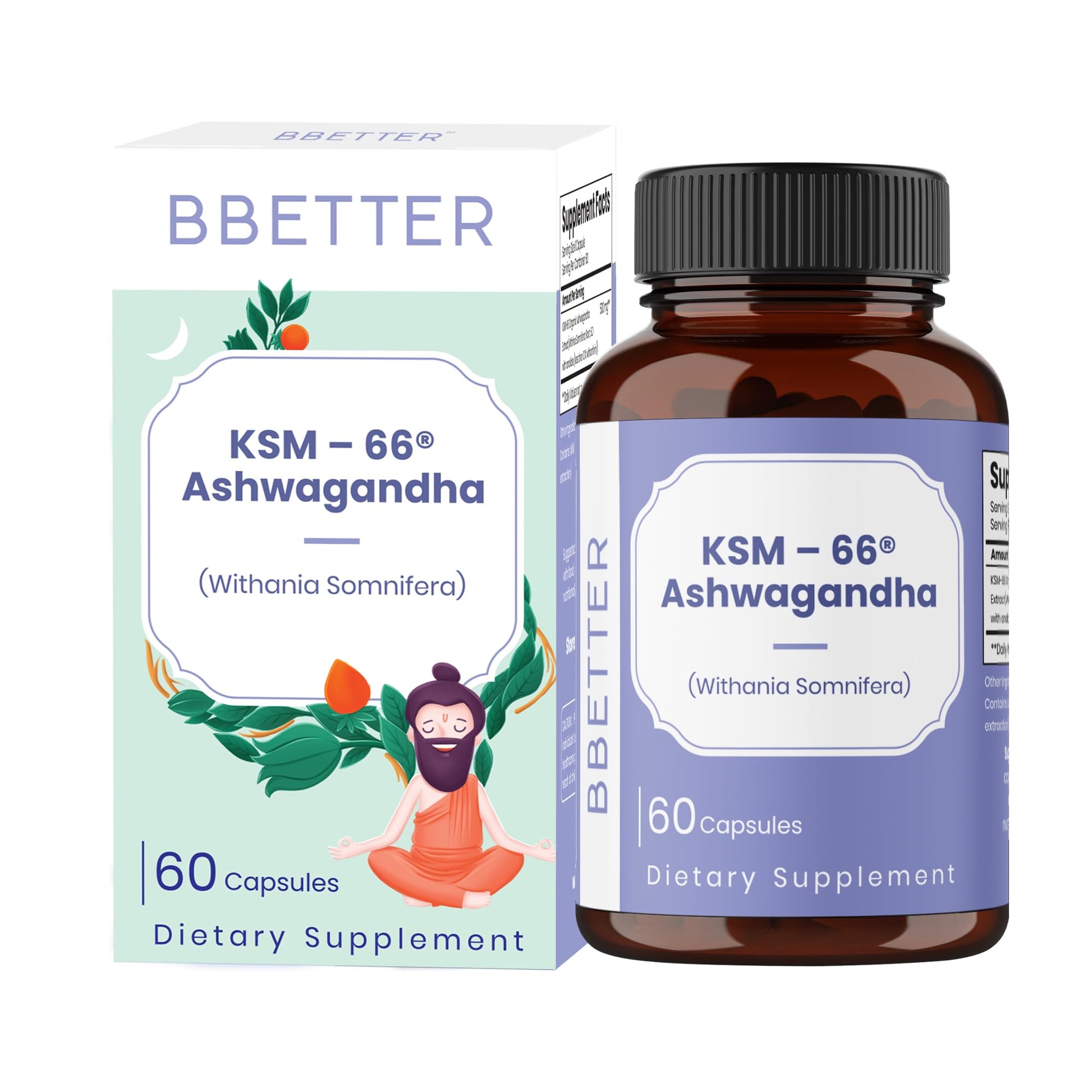BBETTER Ashwagandha KSM-66® Capsules 500mg Lab Tested Herbal Supplement for Stress Relief Pure Organic Ashwagandha Powder Supports Mental & Physical Well-Being Mood Enhancer, 60 Capsules