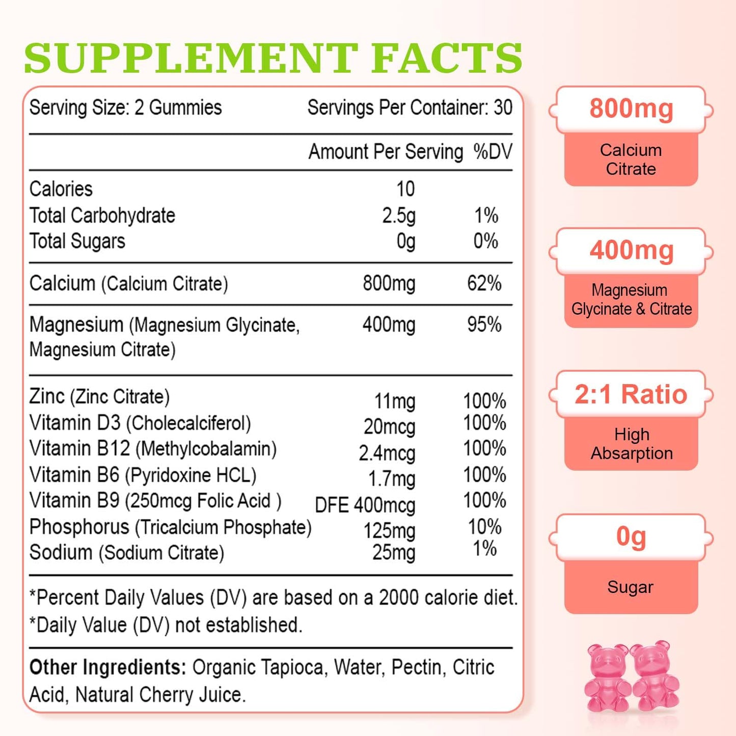 Vazatisi Calcium Magnesium Zinc Gummies 2:1 Ratio with Vitamin D3 & B12, Vegan Cherry Flavor, 60 Count
