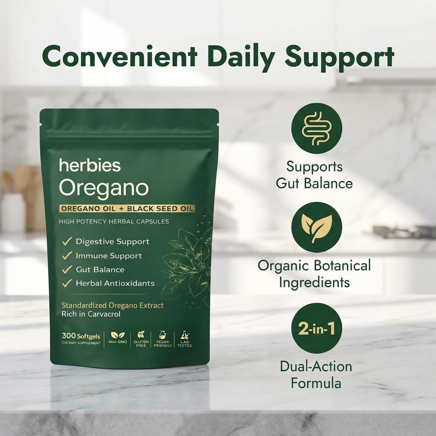 HERBIES OREGANO Organics Oregano and Black Seed Oil Capsules Softgels 300