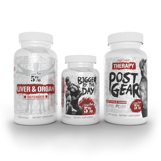 5% Nutrition Rich Piana Liver & Organ Defender with NAC + Post Gear PCT + Bigger by The Day Capsules 630