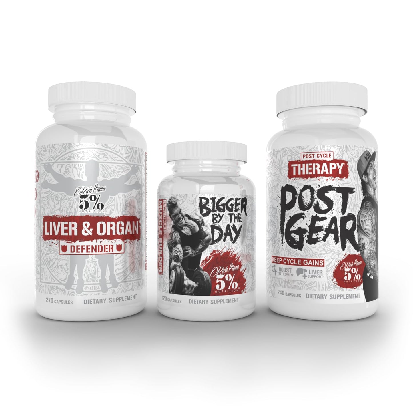 5% Nutrition Rich Piana Liver & Organ Defender With NAC + Post Gear PCT + Bigger by The Day 630 Capsules