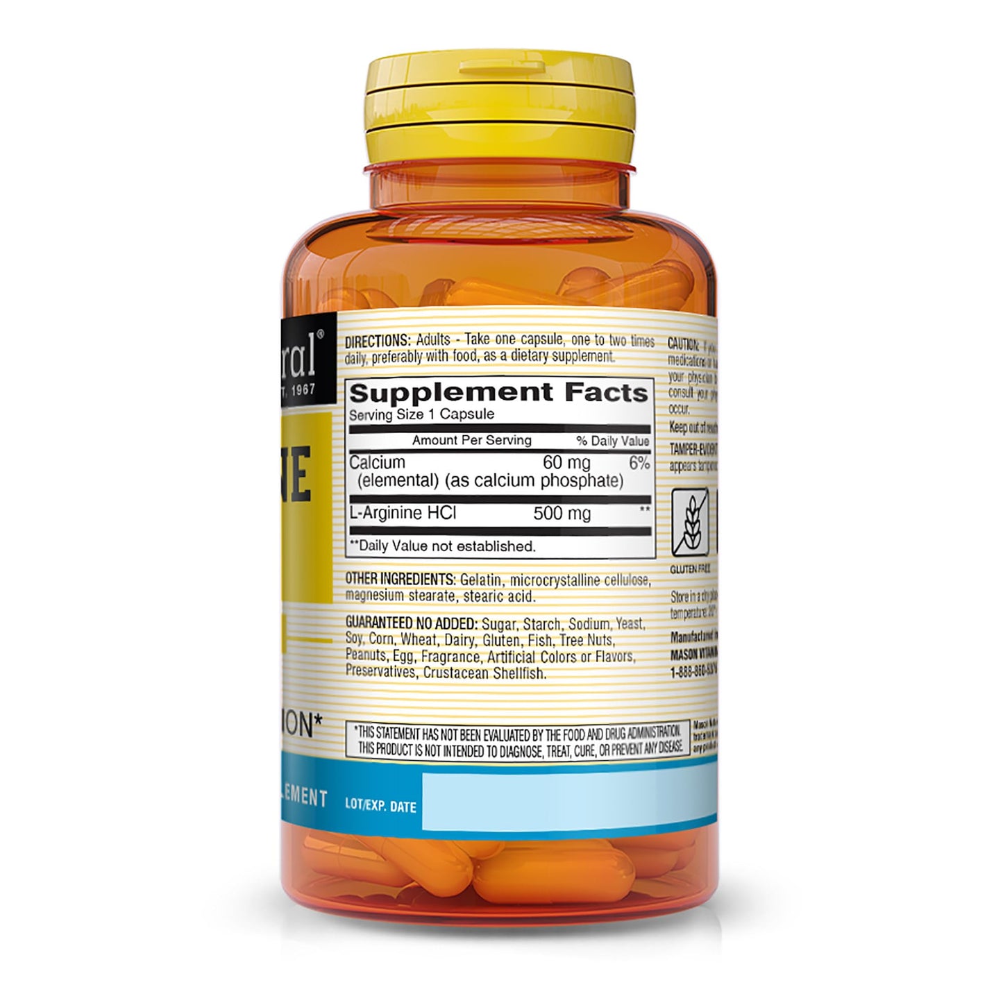 Mason Natural L-Arginine 500 mg with Calcium Nitric Oxide Supplement Capsule, 60 Count