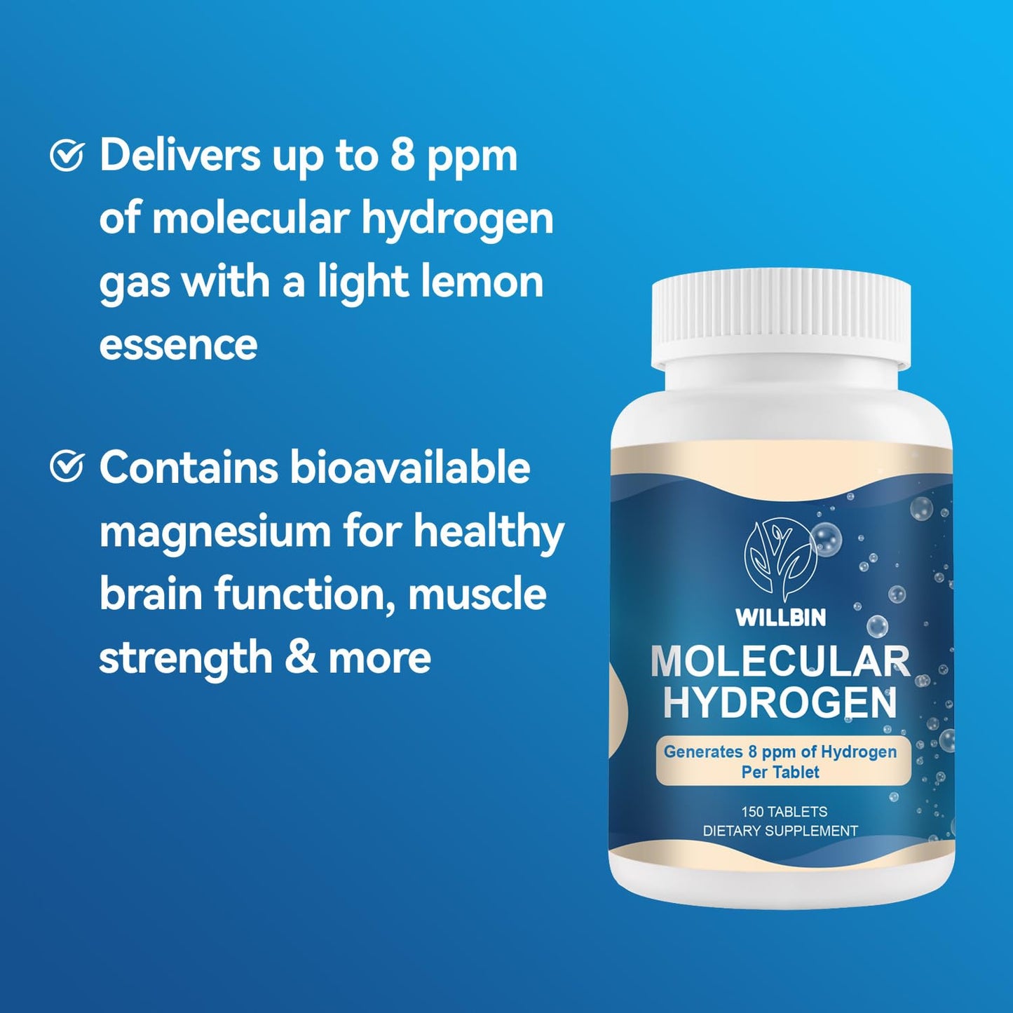 Willbin Hydrogen Water Tablets 8ppm Fast-Dissolving Molecular Hydrogen with Magnesium, Vegan Energy Booster & Brain Health Support, Non-GMO, 150 Tablets