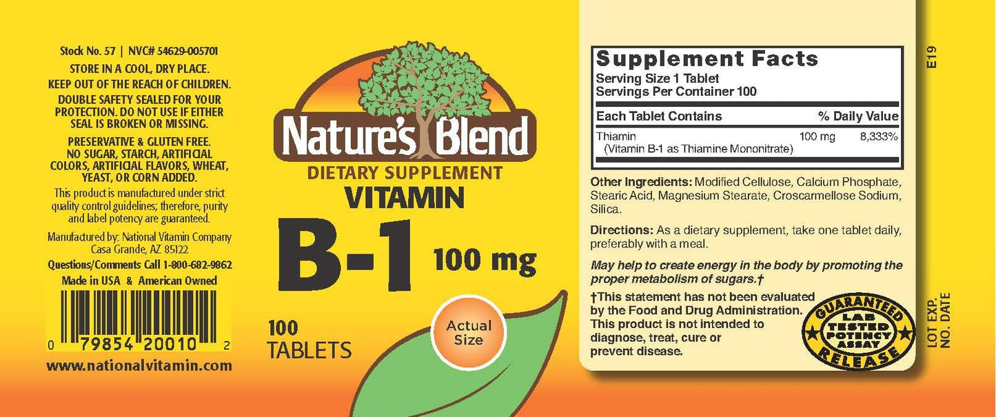 Nature's Blend Vitamin B-1 Thiamine 100 mg Tablets, 100 Count