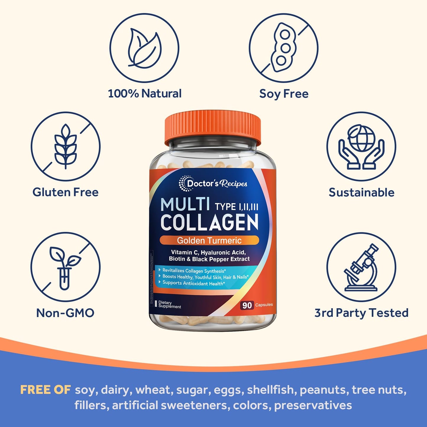 Doctor's Recipes Multi Collagen Peptides with Golden Turmeric, Vitamin C, Biotin, Hyaluronic Acid & Black Pepper, Collagen Supplements for Skin, Hair, Nail, Collagen for Women and Men, 90 Capsules