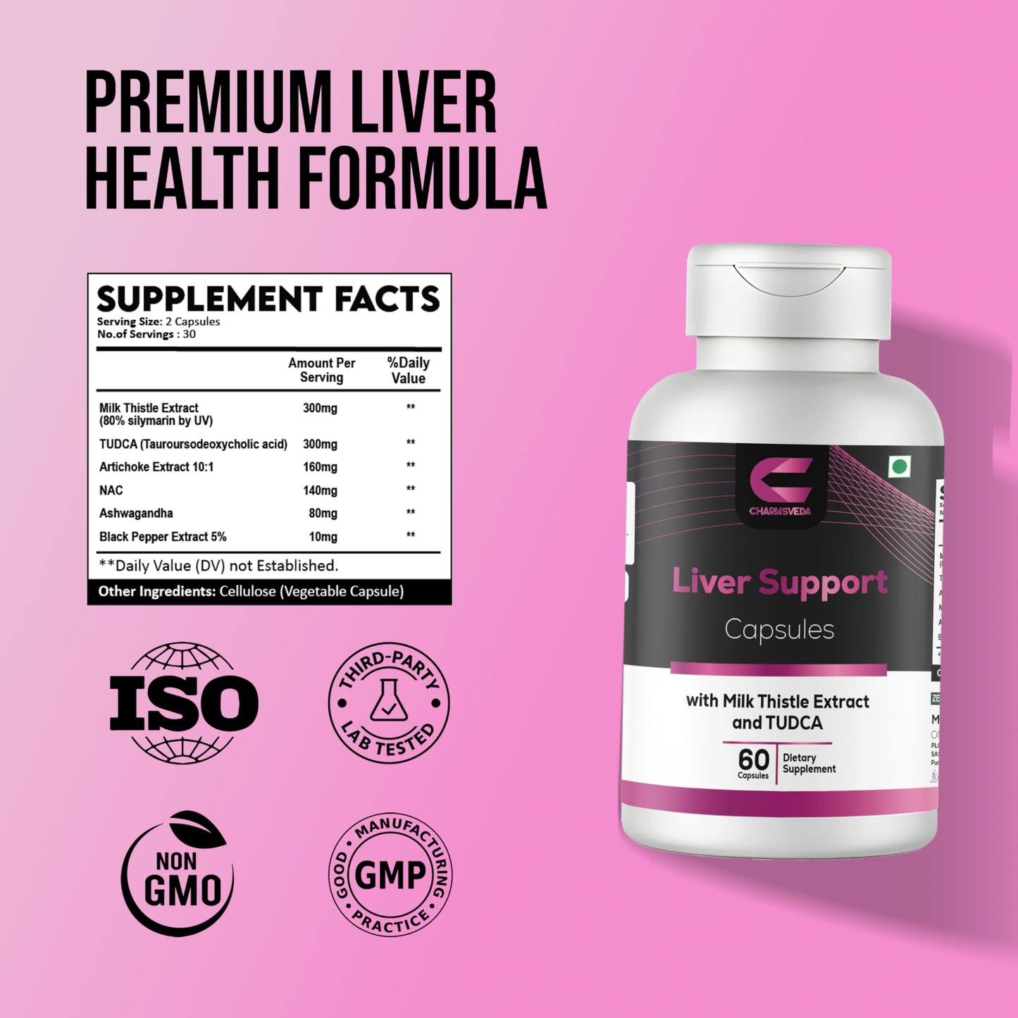 CHARMSVEDA Liver Support Herbal Capsules with Milk Thistle, TUDCA, Artichoke & NAC – Advanced Liver Health Support, Overall Wellness & Immune Support*, 60 Capsules