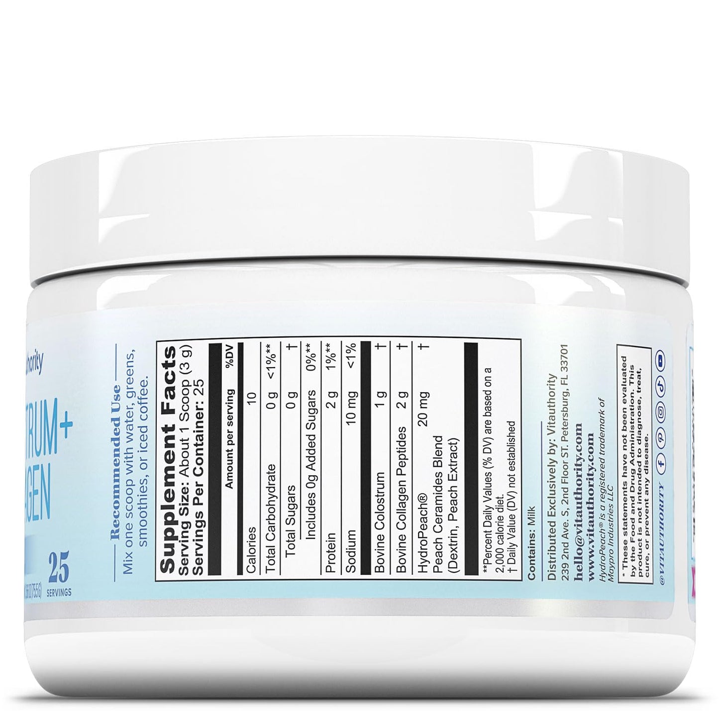 Vitauthority Colostrum Collagen Peptide Protein Powder Hydrolyzed HydroPeach Gut Health, Skin & Immune Support, 2.6 oz