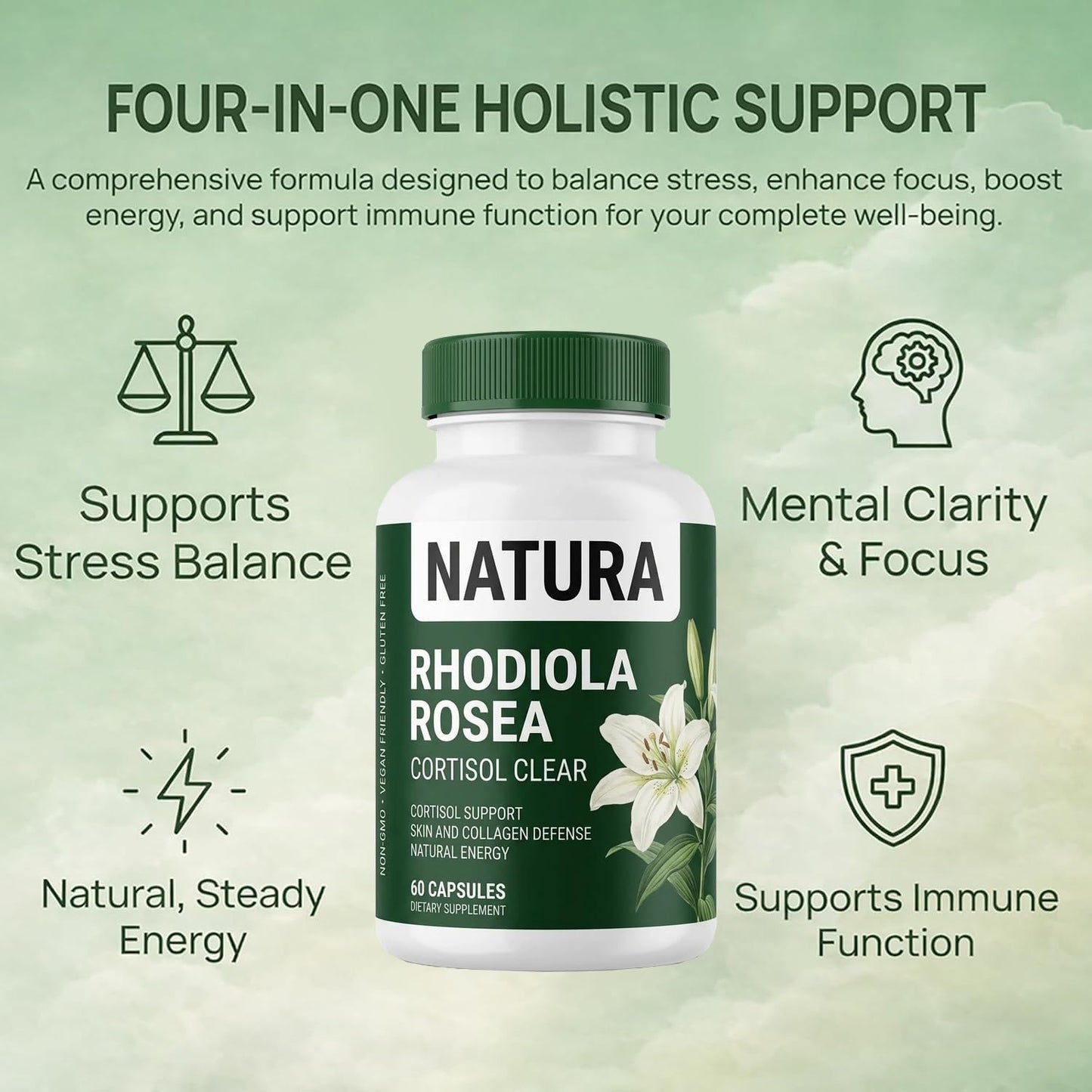 Jurnao Natura Cortisol Clear, Natural Rhodiola Rosea Supplement, Non-GMO Softgel, 1