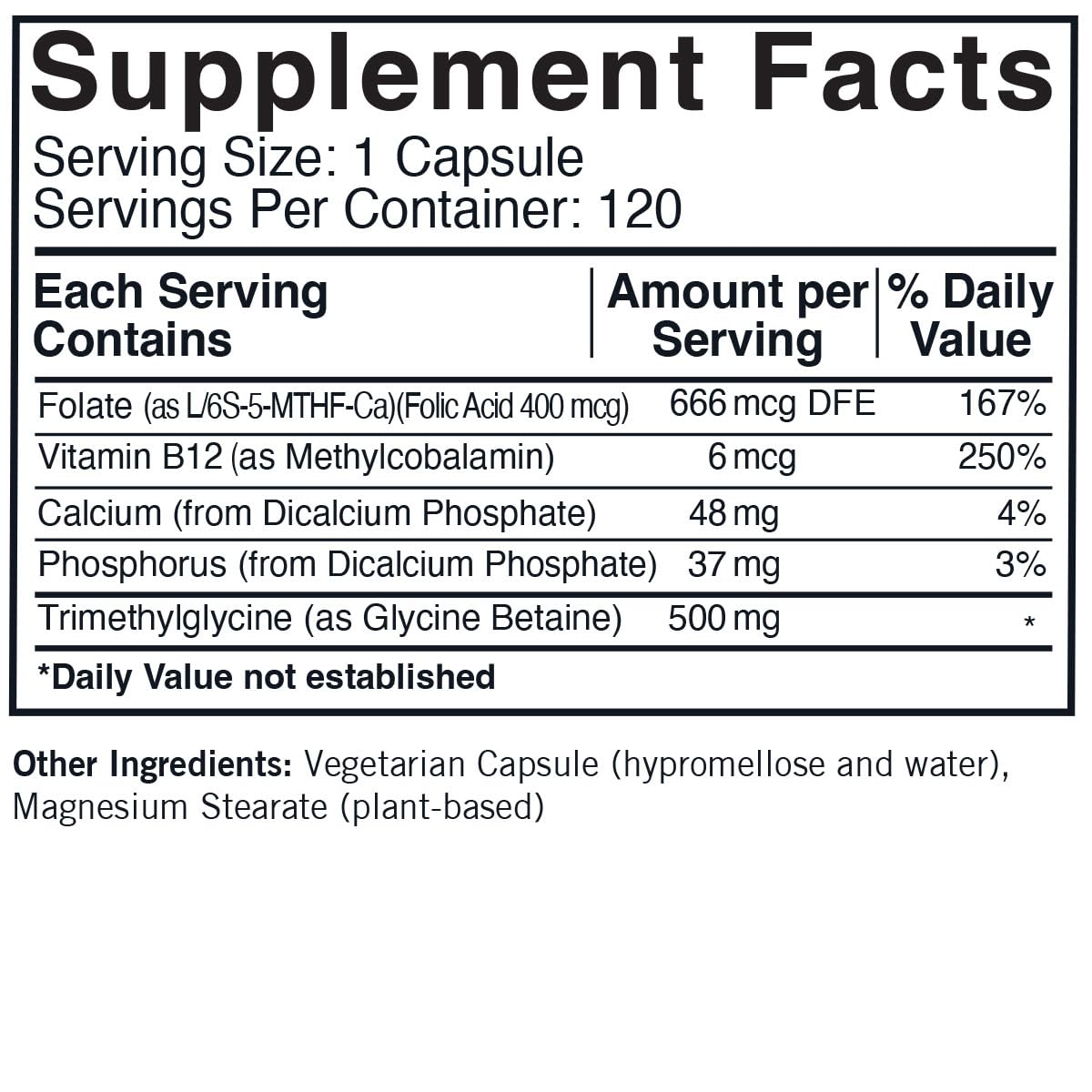 Kirkman TMG 500 mg with Folinic Acid & B12 Capsules, 120 Capsules