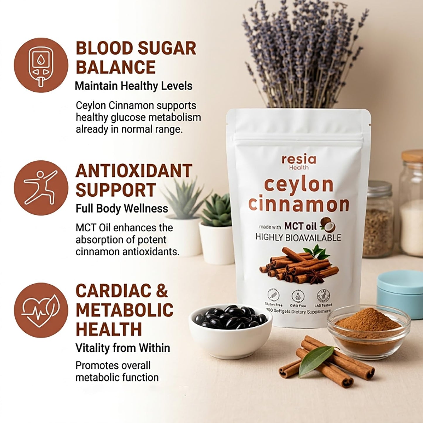 Resia Health Ceylon Cinnamon with MCT Oil Softgels, 1 Count
