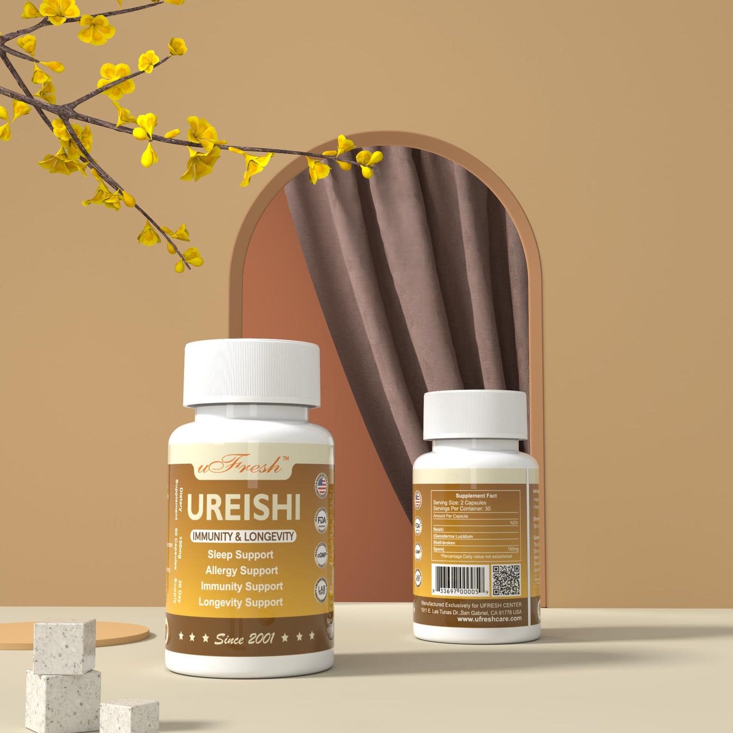 uFresh Ureishi Immunity & Longevity Support Dietary Supplement Capsules, 60 Capsules
