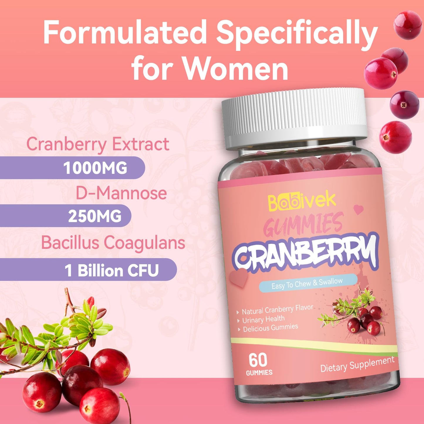 Babivek Cranberry Gummy 1000mg, 60 Count