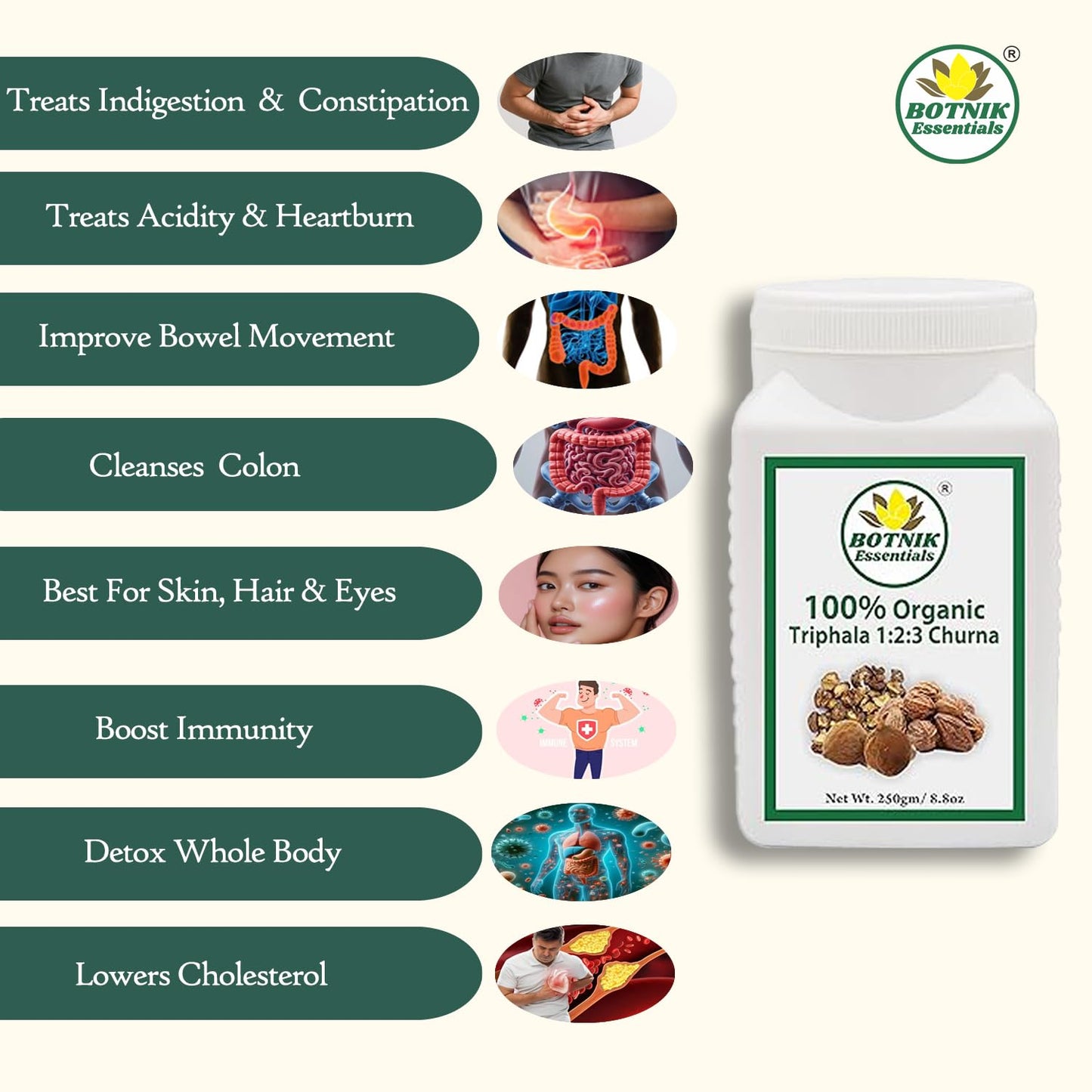 BOTNIK ESSENTIALS 100% Organic Triphala 1:2:3 Churna Powder, 250g
