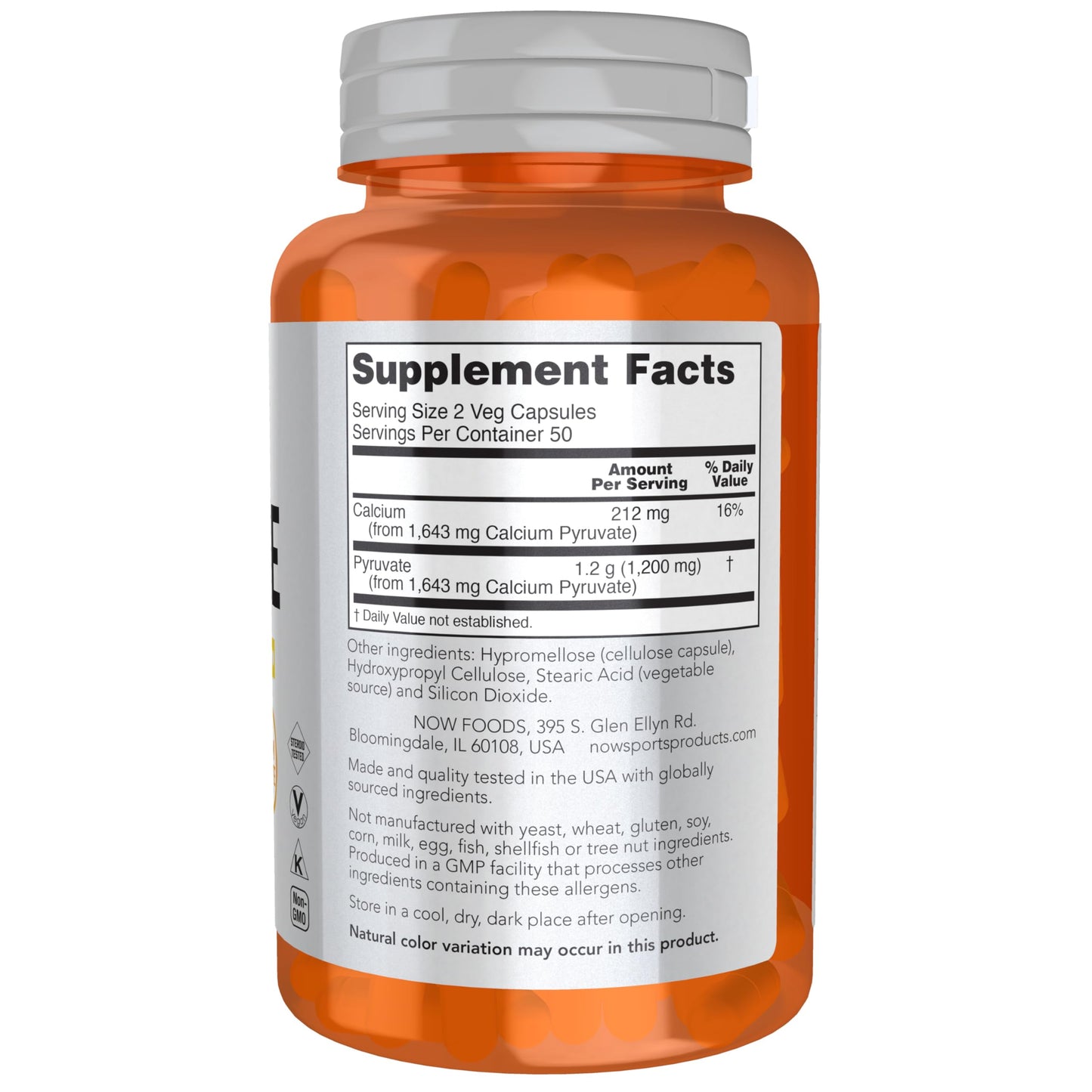 NOW Foods Pyruvate (Pyruvic Acid) 600 mg Energy Production*, Veg Capsules, 100