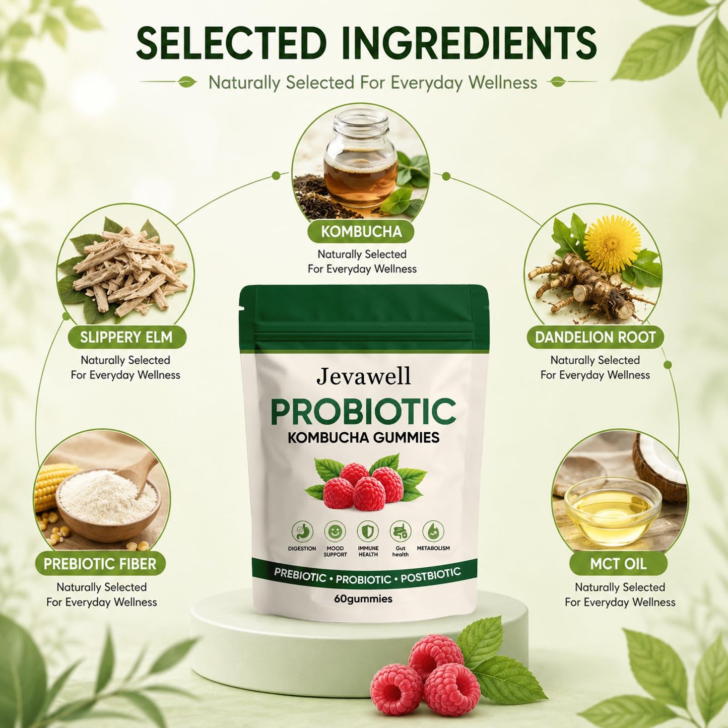 Hanachi Jevawell Kombucha Gummies with Prebiotics & Fiber, Infuse Probiotic Kombucha Gummies for Women with Slippery Elm, Dandelion Root & MCT Oil, Daily Digestive Wellness Supplement, 60 Gummies