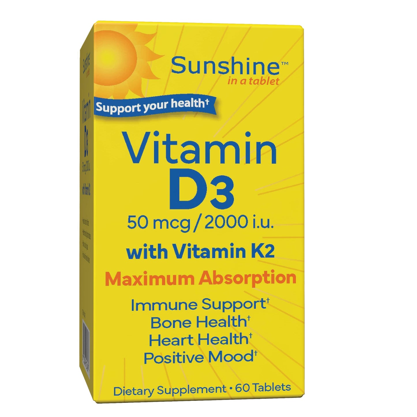 Sunshine Vitamin D3 with Vitamin K2 2000 IU (K2 100 mcg), 60 Tablets