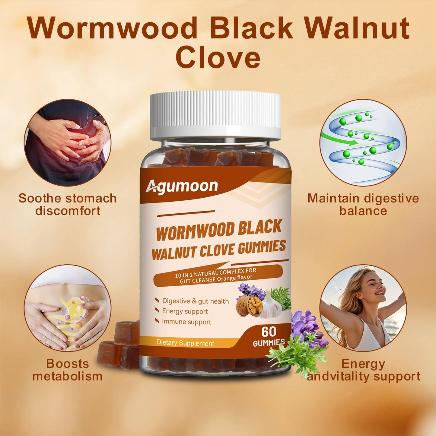 Agumoon 10-in-1 Wormwood Black Walnut Clove Gummies for Adults & Kids, 60 Gummies