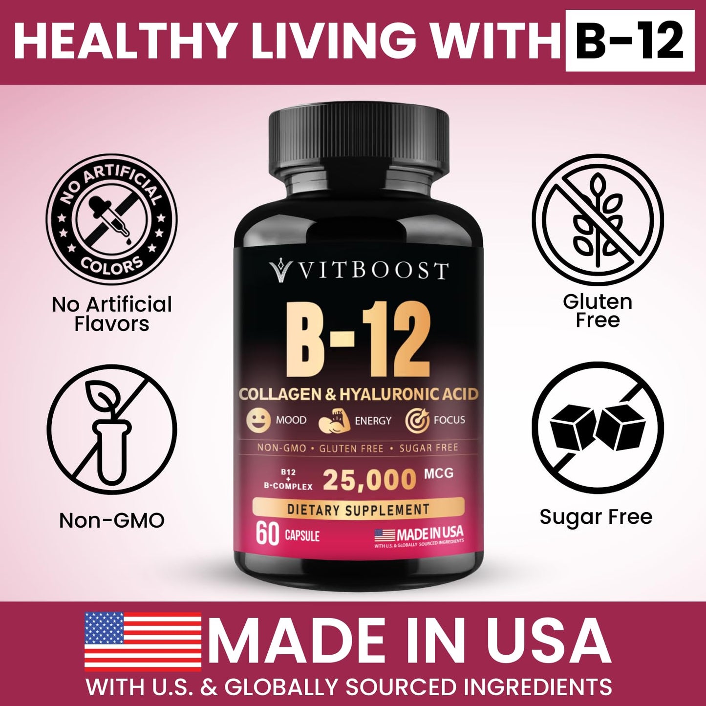 VITBOOST B12 Complex with Hyaluronic Acid, Collagen & Folate, Methylcobalamin 5000 mcg, 60 Capsules