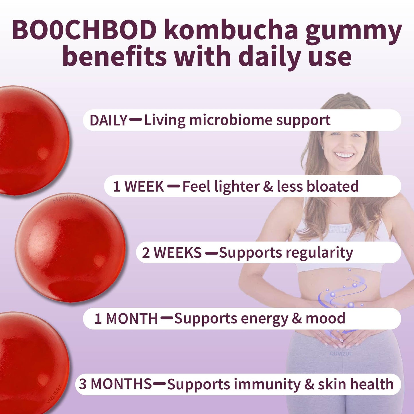 Feviarly Probiotic Kombucha Gummy Chewing sugar, Probiotic for Men and Women, with Prebiotic Probiotic and Postbiotic, Dandelion Root, Slippery Elm Bark, Supports Gut and Digestive Health, 7