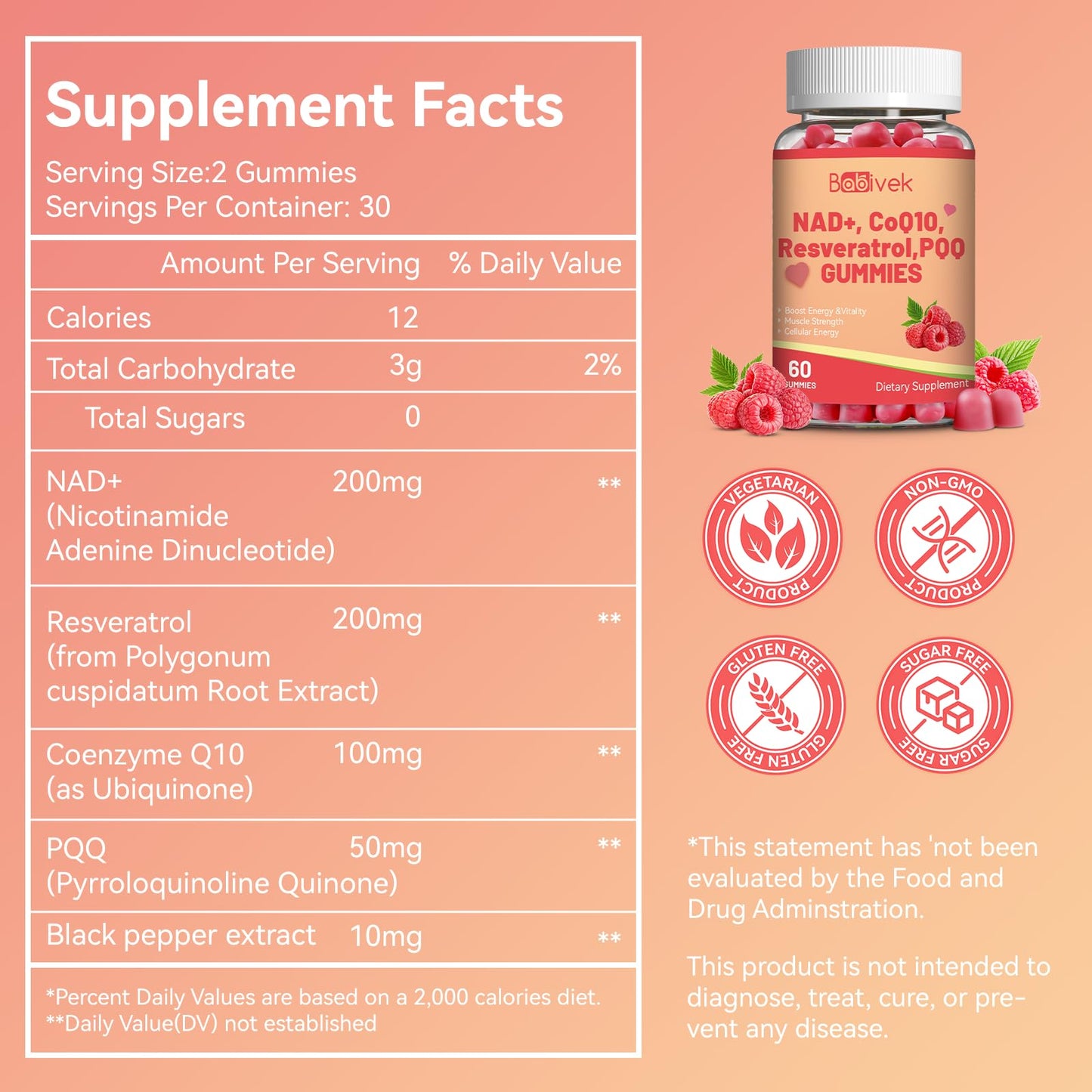 Babivek NAD+ Reveratrol Gummies with PQQ & CoQ10 for Women & Men Anti-Aging, Brain, Cellular Energy Health, 120 Gummies