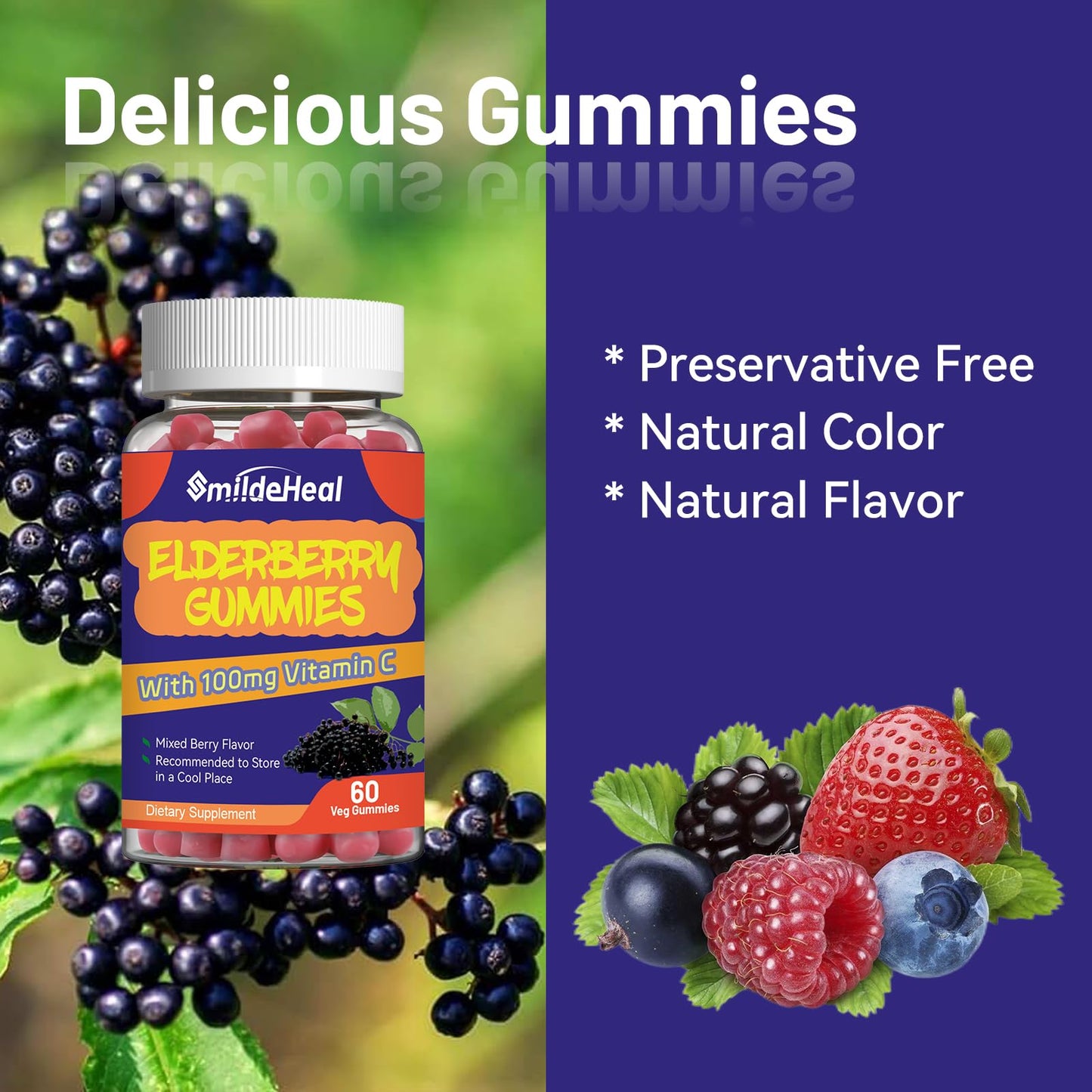 SmildeHeal Elderberry Gummies with Vitamin C and Zinc, 60 Gummies
