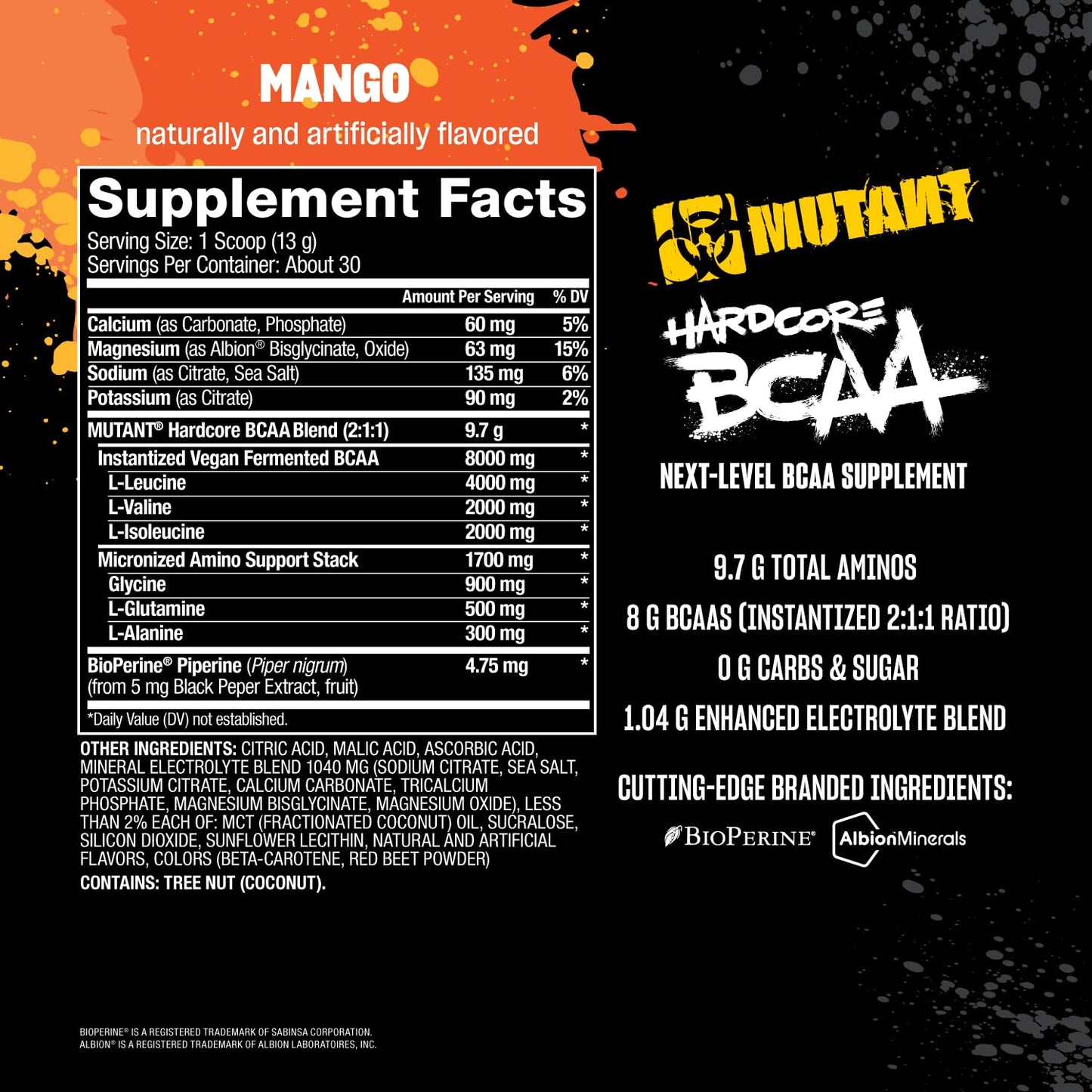 Mutant Hardcore BCAA Powder 13.8 Ounce, 30 Servings Mango